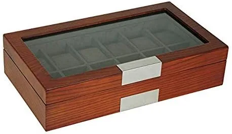 TIMELYBUYS 12 cajas de madera de cerezo para reloj, organizador de joyas con parte superior de cristal, detalles de acero inoxidable y almohadas de