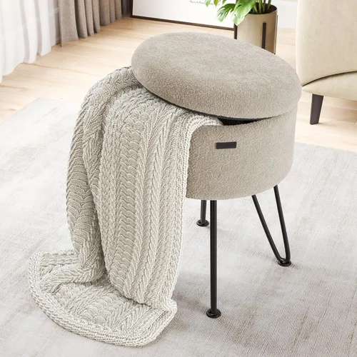 Vista 2 de STORAGEBUD Otomana redonda con almacenamiento, otomana de almacenamiento de bouclé, taburetes otomanos, taburete de tocador de maquillaje, pequeños