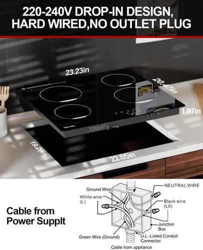 Vista 4 de TOPWISH Placa de cocina eléctrica de 24 pulgadas, 4 quemadores, placa de cerámica empotrada, estufa eléctrica radiante de 6000 W con control táctil