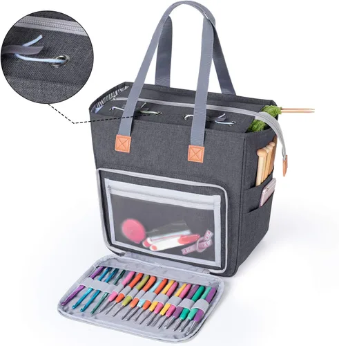 Vista 2 de LUXJA Bolsa de tejido de punto, bolsa de almacenamiento de hilo para llevar proyectos, agujas de tejer, ganchos de ganchillo y otros accesorios, gris