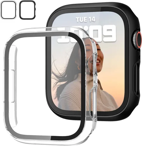 Vista 38 de JZK - 2 fundas con protector de pantalla de vidrio templado para Apple Watch Series 3/2/1 de 38 mm, ultradelgadas, de cobertura completa, Negro/Negro
