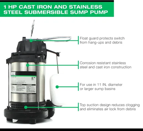 Vista 4 de WAYNE CDU1000 1 HP Bomba sumergible de hierro fundido y acero inoxidable con interruptor de flotador vertical integrado - 58321-WYN2