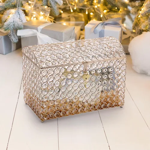 Vista 3 de ELLDOO Caja de tarjetas de boda de cristal con cerradura de corazón, caja de tarjetas de dinero, estilo cofre del tesoro, regalo dorado