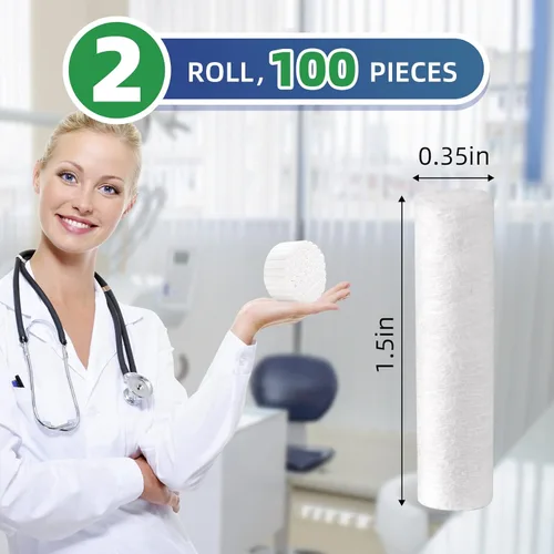 Vista 8 de Annhua 100 PIEZAS Rollos de algodón dental, gasa de algodón, #2 Mediano de 1,5" Tapones nasales de bola de algodón enrollada - 100% Algodón Natural