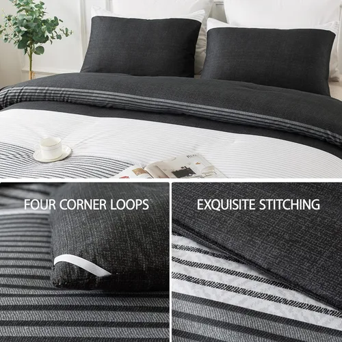 Vista 5 de Andency Juego de edredón tamaño Queen de 3 piezas, color negro, blanco, gris, a rayas (90 x 90 pulgadas), edredón de microfibra suave alternativo
