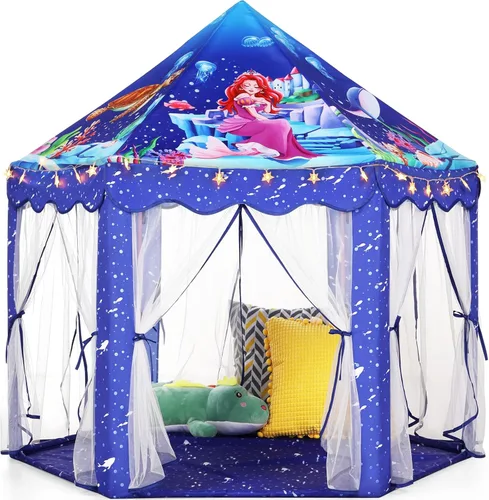 Vista 11 de Monobeach - Tienda de campaña estilo castillo de princesa para niñas - Casa de juegos grande de 55 x 53 pulgadas con luces de estrella