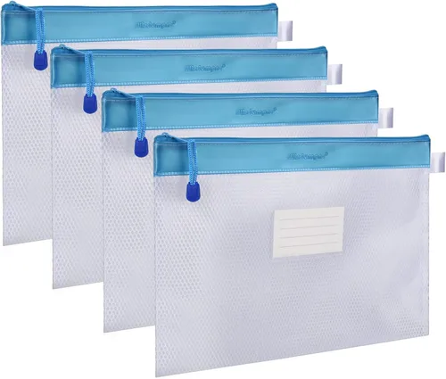 Wisdompro - Bolsa con cremallera, 4 paquetes de bolsa de archivos de malla impermeable duradera tamaño carta, organizador de documentos, color azul
