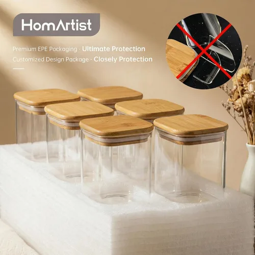 Vista 7 de 57oz - Paquete de 3 tarros cuadrados de vidrio con tapas de bambú, recipientes de almacenamiento de alimentos de vidrio con tapas herméticas