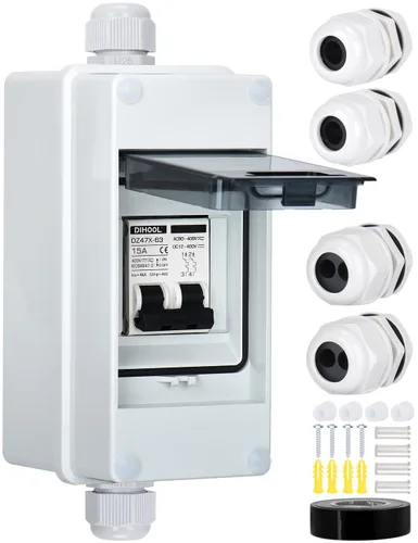 DIHOOL Disyuntor miniatura de CA CC con caja DIN IP65, 15 amperios de doble polo 12V-400V, no polarizado, interruptor de desconexión del panel