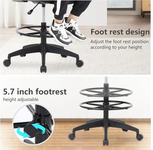 Vista 4 de PayLessHere Silla de dibujo Negro Silla de oficina alta con altura de asiento ajustable y reposapiés, respaldo de malla ergonómico, soporte