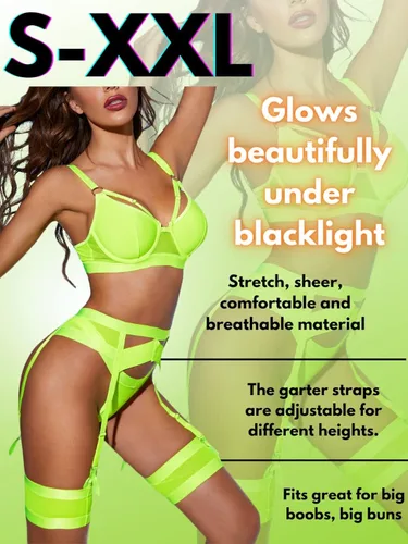 Vista 4 de Garter - Lencería con liguero para mujer sexy de encaje y traslúcida a juego de 4 piezas