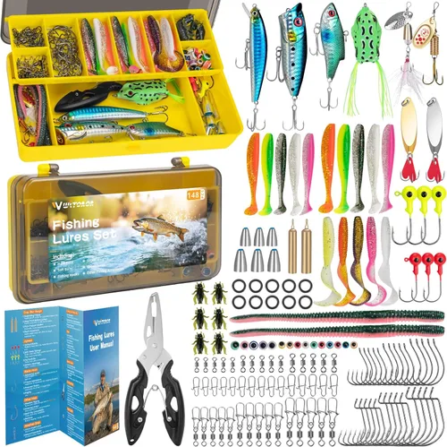 WITOROR Fishing Lures, Tackle Box with Tackle Included, Crankbaits, Spoon, Soft Baits, Hooks, Jigs, Weights & More Other Accessories, Fishing Bait
