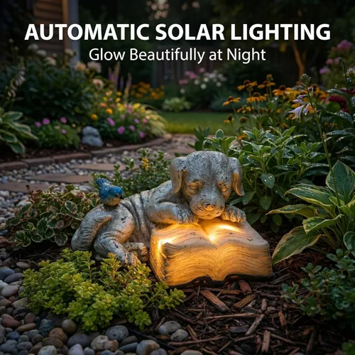 Vista 2 de Topadorn Estatua de perro de resina Estatua de energía solar al aire libre lindo cachorro para decoración de jardín, perro lee un libro