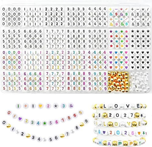 Vista 29 de 1400 cuentas redondas blancas para pulseras, cuentas de símbolos matemáticos digitales del 0-9, juego de cuentas acrílicas de número de teléfono