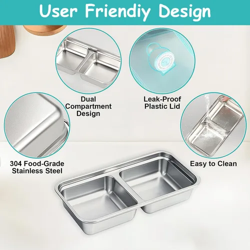 Vista 3 de 2 Piezas Cajas Bento de Acero Inoxidable 304, 30 oz 2 Compartimentos Contenedores Portátiles de Almacenamiento de Alimentos Cajas de Aperitivos