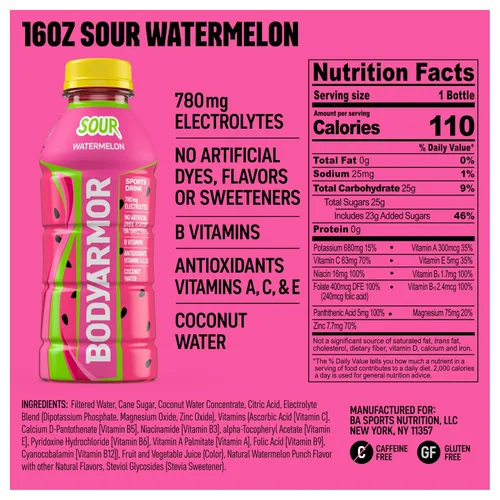 Vista 2 de BODYARMOR Sports Drink, Sour Watermelon, Electrolyte Drink Hydration, 16 Fl Oz Bottles (12 Pack), Flavored Coconut Water with B Vitamins &