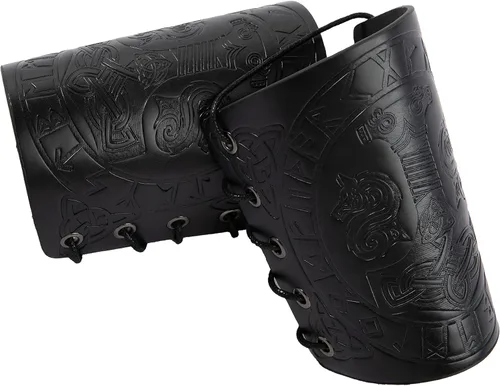 Vista 4 de Viking Leather Bracers - Medieval Guards Knight Arm LARP PU Leather Gauntlet Embossed Armor Wristband Armband Cuff