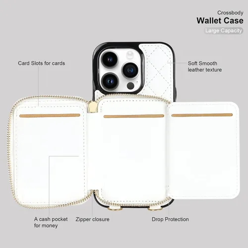 Vista 7 de Bocasal Funda tipo cartera cruzada para iPhone 14 Pro, funda de piel sintética con cremallera y bloqueo RFID, cartera tipo bolso con tapa, soporte