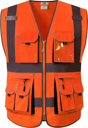 Vista 10 de JKSafety Chaleco de seguridad de color negro con 10 bolsillos, cremallera frontal, con tiras altamente reflectantes, cumple con las normas ANSI/ISEA