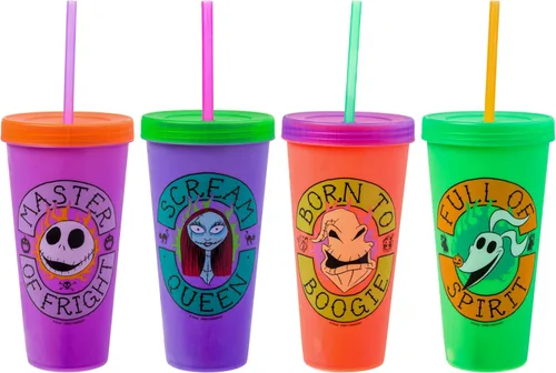 Vista 3 de Silver Buffalo Disney Nightmare Before Christmas Character Grid - Paquete de 4 vasos de plástico que cambian de color, 24 onzas
