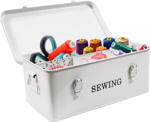 Caja de costura, caja organizadora de costura de metal, caja de almacenamiento para kit de costura, estuche de suministros de costura con cerraduras