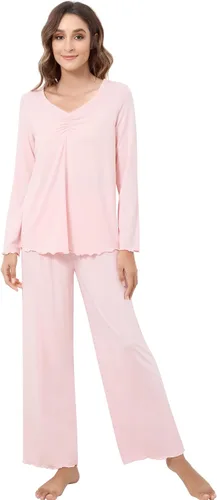 Vista 74 de NACHILA Women's Pajamas Set-Viscose Made from Bamboo, Long Sleeve Sleepwear Top with Pants Comfy Pajama Soft 2 Piece Pjs B-aqua Green