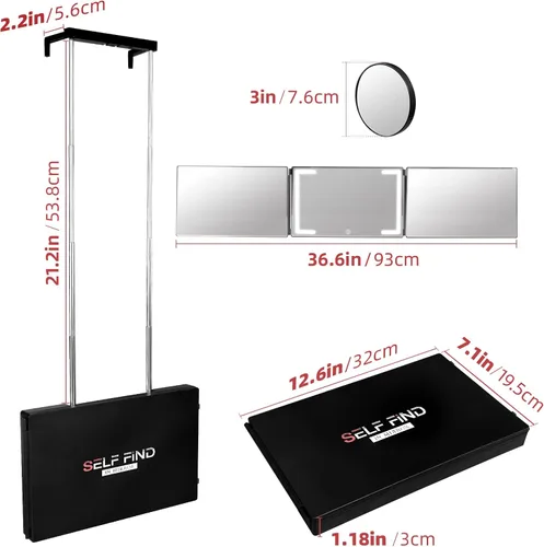 Vista 6 de Espejo de 3 vías Find-3 para corte de cabello propio con luz de anillo, espejo recargable de 360 para herramientas de cabello, luz y altura ajustable