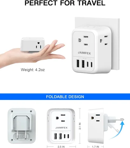 Vista 2 de Adaptador de enchufe de viaje europeo plegable, adaptador de enchufe de alimentación internacional JAMIFEX con 4 tomas, 4 puertos USB (2 USB-C)