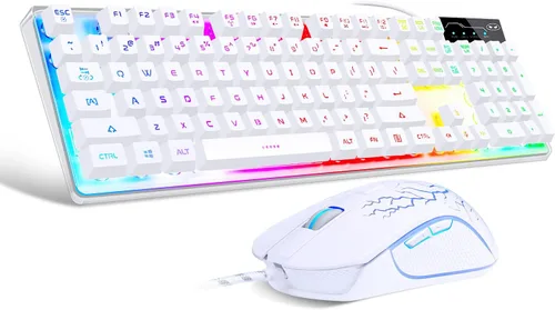 Vista 11 de Combo de teclado y mouse para juegos, teclado con retroiluminación LED RGB K1 con cable con 104 teclas para computadora, PC, teclado