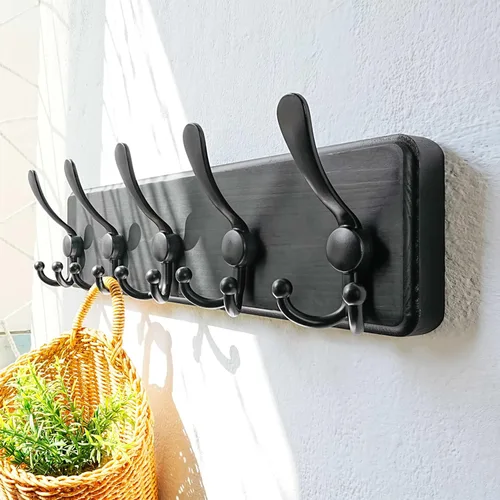 Vista 5 de Dseap Perchero de Pared Montado - 5 Ganchos Triangulares, Resistente, Perchero de Pared de Madera para Abriggos, Sombreros, Chaquetas, Ropa, Negro