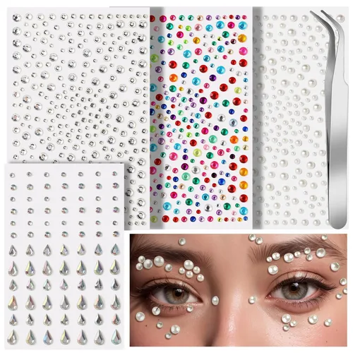 Vista 8 de Teenitor Gemas faciales para maquillaje, joyas autoadhesivas para festivales, gemas para el cabello, 4 hojas de calcomanías de diamantes