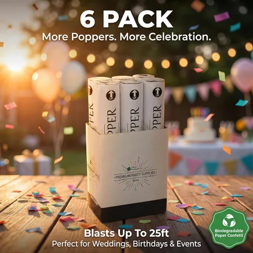 Vista 4 de Clover Products - Cañones de confeti biodegradables de 12 pulgadas Paquete de 6 Poppers blancos para bodas, cumpleaños y eventos Alimentados