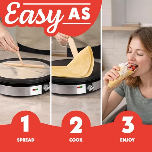 Vista 9 de Gourmia Máquina de crepas de 12 pulgadas, plancha eléctrica antiadherente para panqueques, omelettes y más, control preciso de temperatura con luces