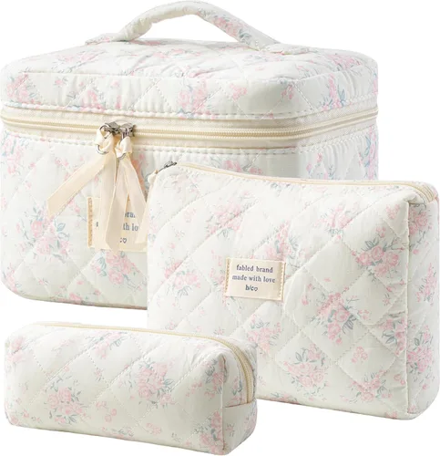 Vista 25 de HBselect Bolsa de maquillaje acolchada, 3 piezas de algodón grande, bolsa de maquillaje de viaje, bonita bolsa de maquillaje floral de coqueta