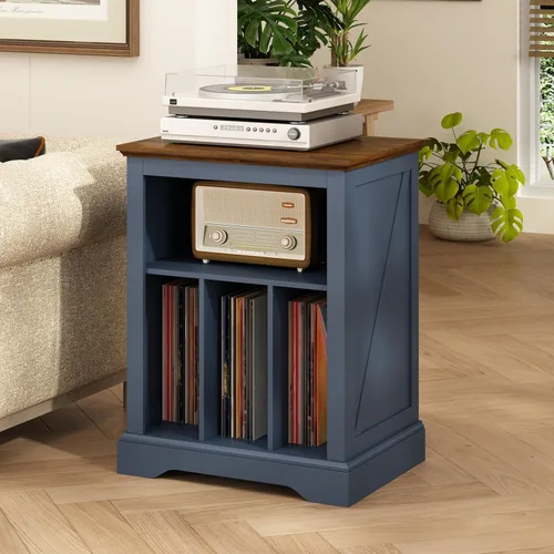 Vista 10 de Soporte de tocadiscos estilo granja, mesa auxiliar de 3 niveles, soporte para tocadiscos con almacenamiento para discos de vinilo, gabinete