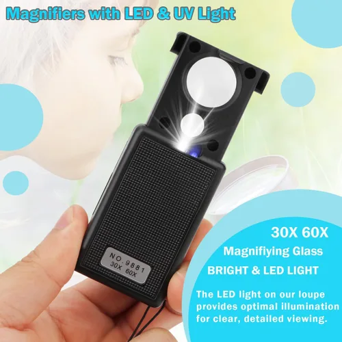 Vista 4 de Rongon Lupas de mano, mini lupa de 30 x 60 x joyeros, lupa iluminada con luz LED y UV, lazo de joyería para monedas, tipo de identificación