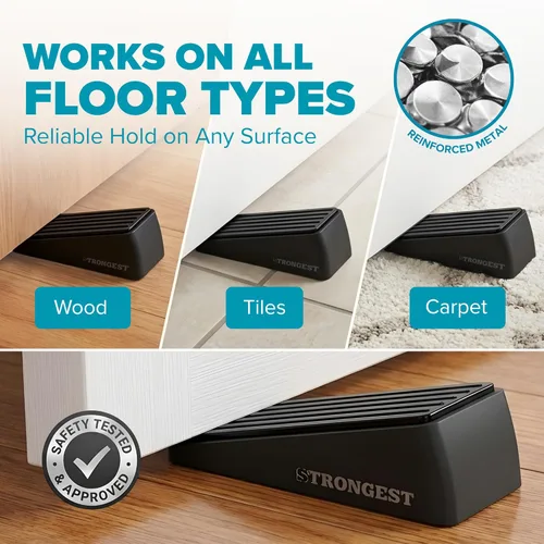 Vista 5 de Strongest Home Cuña de tope de puerta resistente (2 piezas negras), tope de puerta de goma antideslizante y metal para puertas pesadas, funciona