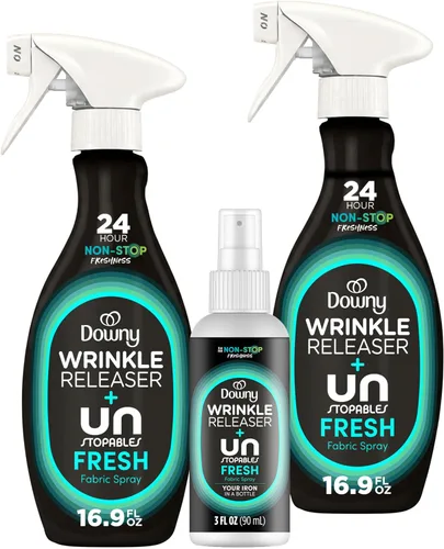 Downy Spray liberador de arrugas, spray de tamaño de viaje + paquete de 2 de 16.9 onzas líquidas, fórmula todo en uno, elimina arrugas, estática y
