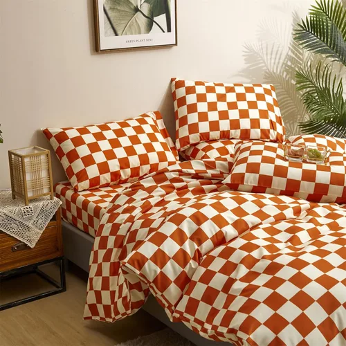 Vista 282 de CLOTHKNOW Juego de edredón de 3 piezas a cuadros color beige óxido, tamaño Full, juego de ropa de cama de cuadros edredón terracota con 2 fundas