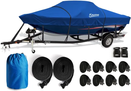 Vista 13 de Kayme Funda de lancha de 1200D resistente para embarcaciones de hasta 15 pies - Impermeable, resistente a roturas con correas reforzadas a prueba