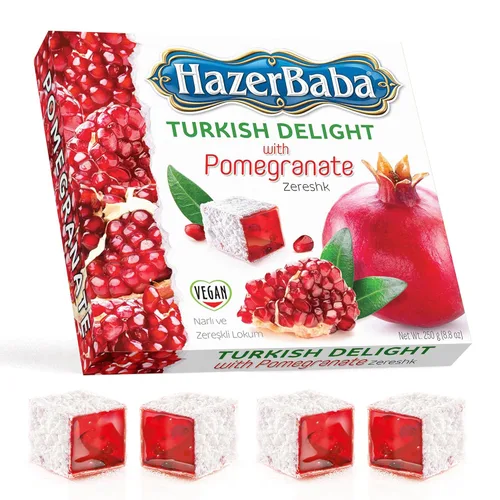 Vista 12 de Hazer Baba - Caramelos turcos, sabor a granada y zereshk, 16 onzas (paquete de 1), caja de aperitivos gourmet, aperitivo tradicional, vegano, lokum