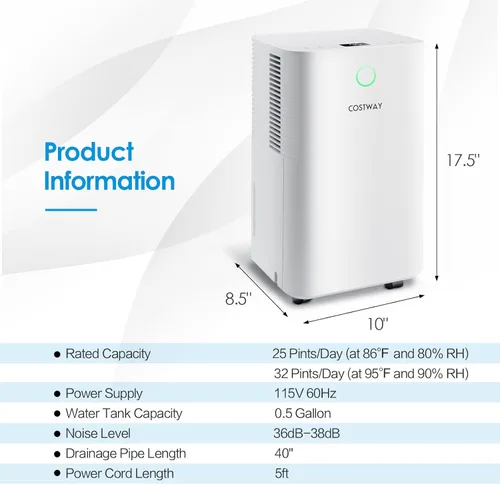 Vista 7 de COSTWAY Deshumidificador de 2,000 pies cuadrados para el hogar, deshumidificador de 32 pintas con 3 modos, 2 velocidades, panel de control táctil