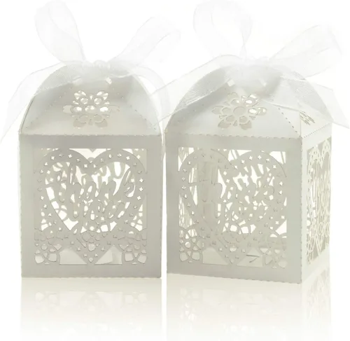 Vista 8 de COTOPHER Cajas cortadas con láser, 60 cajas de regalo de agradecimiento, cajas de regalo de boda, cajas de dulces de encaje para bodas, despedidas