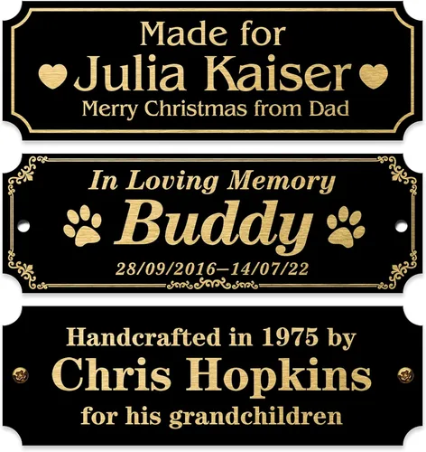 Caramel Sweet Life Placas de nombre personalizadas, placa negra grabada con texto dorado, placas de trofeo grabadas, placa de nombre personalizada