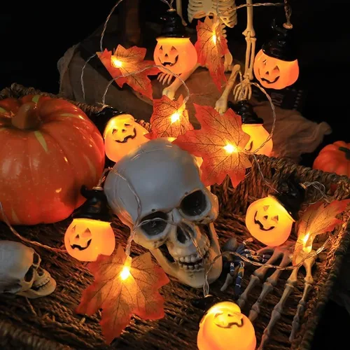 Vista 5 de Simulación LED de hoja de arce, cadena de luces de calabaza para Navidad, Halloween, habitación, patio, cadena de luz de color 24V enchufable 65.6