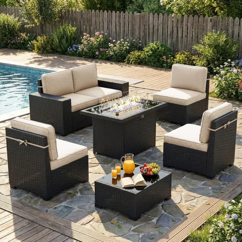 LayinSun - Juego de 7 muebles seccionales de patio para el aire libre con mesa para fogata de 44 pulgadas, sofá seccional de ratán, juegos de