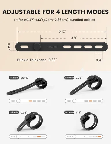 Vista 5 de Lamicall - Paquete de 10 bridas de silicona para cables, organizador de cables reutilizable duradero con hebilla de bloqueo, correas elásticas