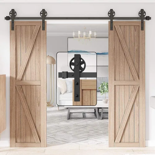 WINSOON Kit de herrajes para puerta corredera de granero de 8 pies de madera, puerta doble deslizante, básica, color negro, rueda grande con radios,
