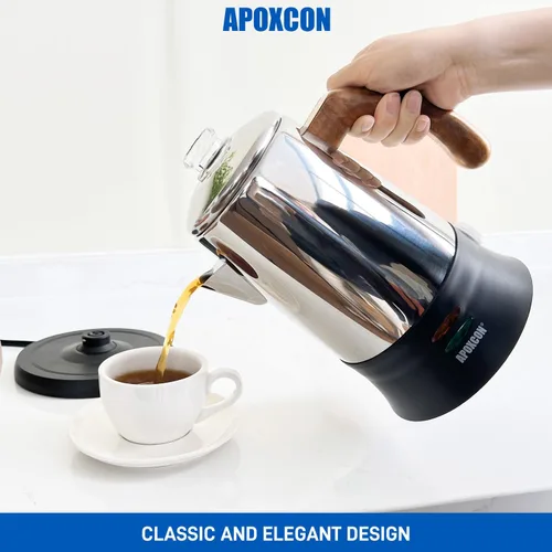 Vista 8 de APOXCON Percolador de Café Eléctrico Cafetera de Acero Inoxidable con Perilla de Vidrio Resistente Transparente para Ver el Progreso