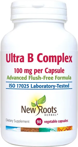 NEW ROOTS HERBAL Complejo Ultra B, 100 mg, fórmula avanzada sin descarga (90 cápsulas vegetales) Vitamina B6, B12, biotina Apoya la energía